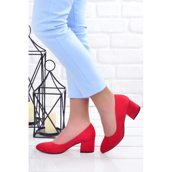 Ayakland 97544-312 Süet 5 Cm Topuklu Bayan Ayakkabı Kırmızı