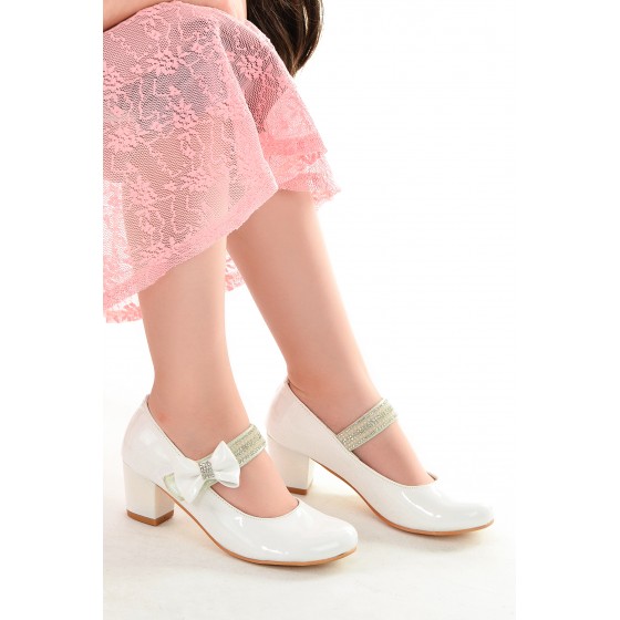 Kiko 752 Rugan Günlük Kız Çocuk 4 Cm Topuk Babet Ayakkabı Beyaz