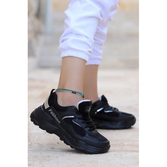 Woggo Twg 603 Günlük Fileli Yürüyüş Kadın Spor Ayakkabı Siyah - Gümüş