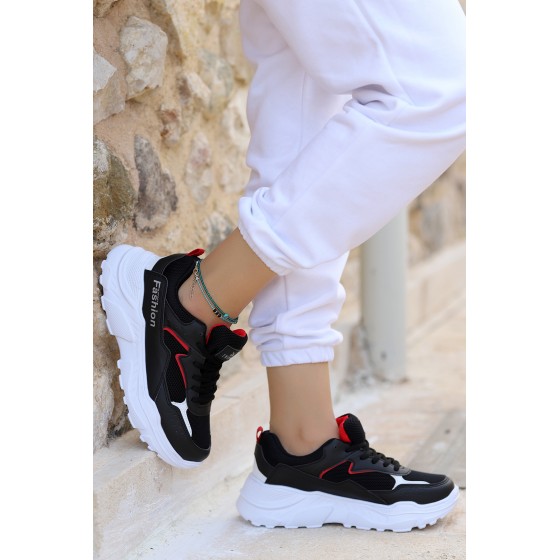Woggo Twg 603 Günlük Fileli Yürüyüş Kadın Spor Ayakkabı Siyah - Kırmızı
