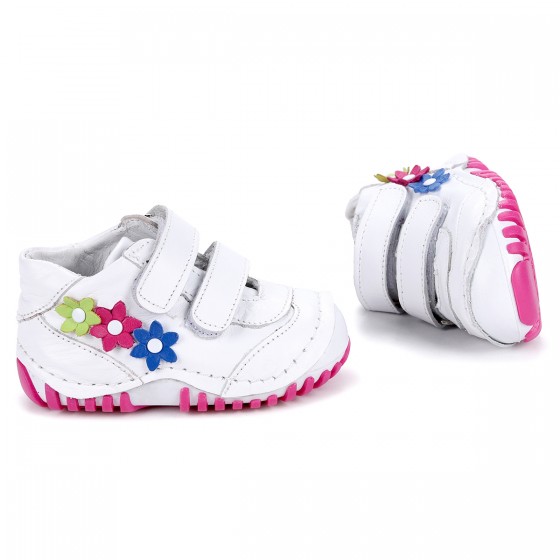 Kiko Kids Teo 204 %100 Deri Cırtlı Kız Çocuk Ayakkabı Beyaz - Fuşya