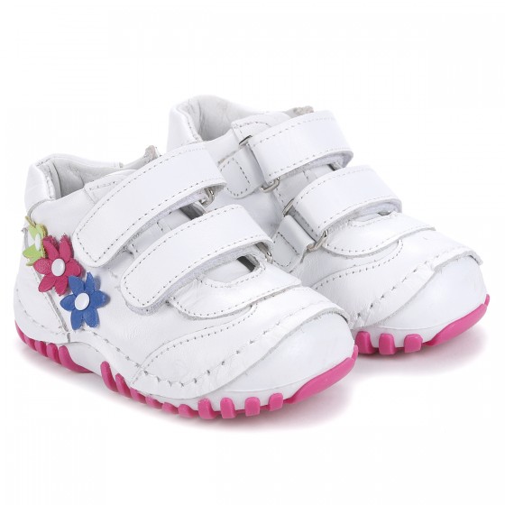 Kiko Kids Teo 204 %100 Deri Cırtlı Kız Çocuk Ayakkabı Beyaz - Fuşya