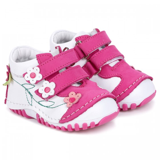 Kiko Kids Teo 212 %100 Deri Cırtlı Kız Çocuk Ayakkabı Beyaz - Fuşya